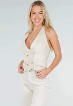 Beige Gilet Top met Open Rug en Gouden Knopen