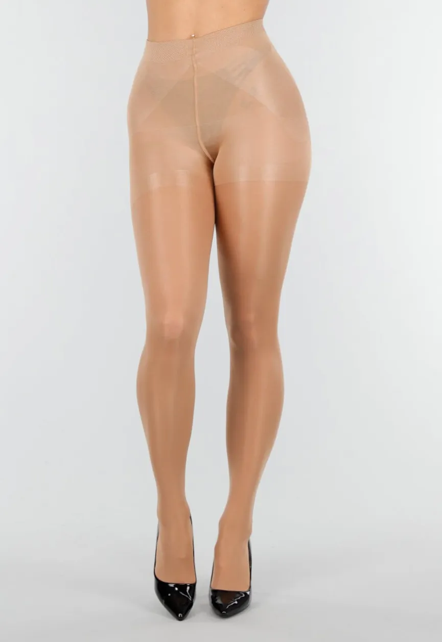 Beige Glanzende Panty met Hoge Taille en Corrigerend Effect
