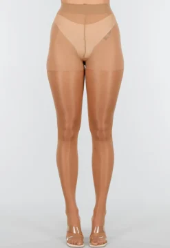 Beige Glanzende Panty met Hoge Taille en Corrigerend Effect