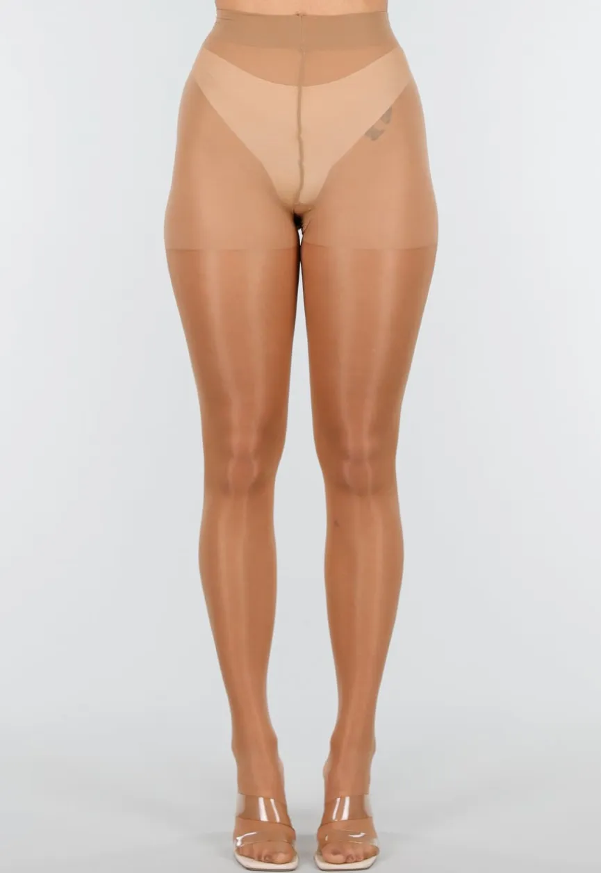 Beige Glanzende Panty met Hoge Taille en Corrigerend Effect