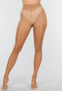Beige Glanzende Panty met Hoge Taille en Corrigerend Effect