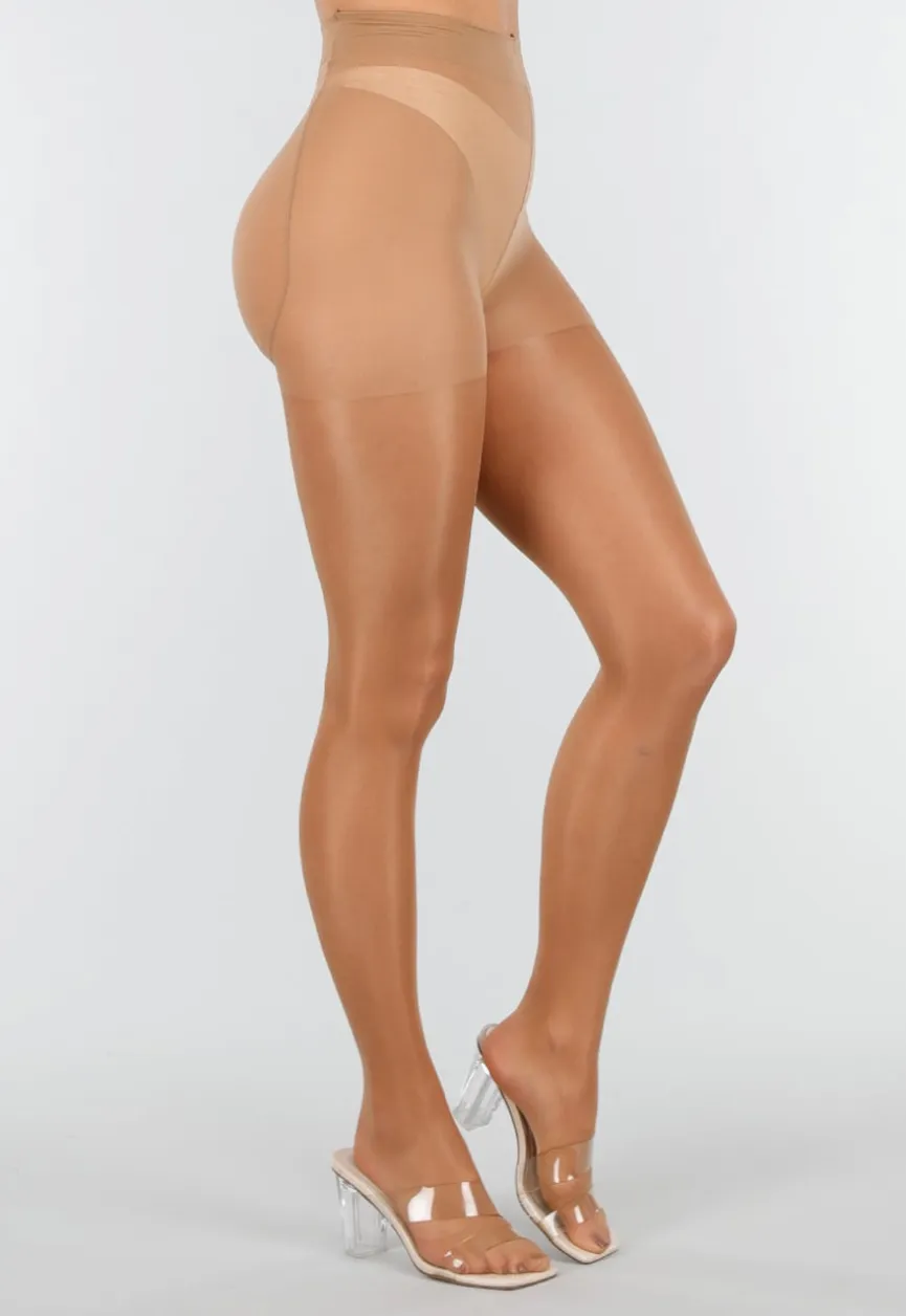 Beige Glanzende Panty met Hoge Taille en Corrigerend Effect