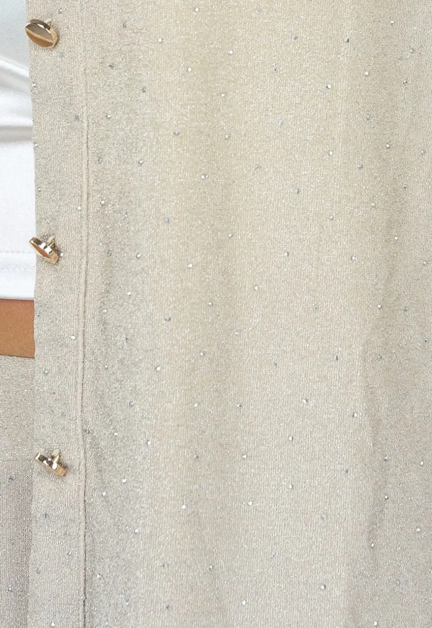 Beige Glitter Blouse met Lange Mouwen