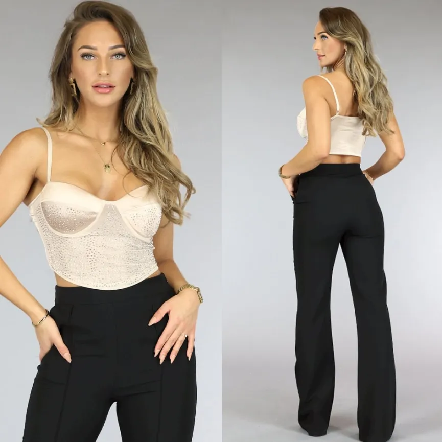 Beige Glitter See-Through Top met Cups