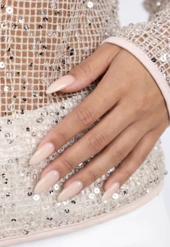 Beige Glitter Top met Lange Mouwen en Ronde Hals