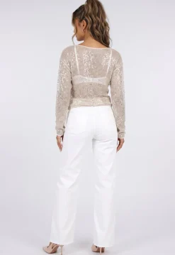 Beige Glitter Top met Lange Mouwen en Ronde Hals