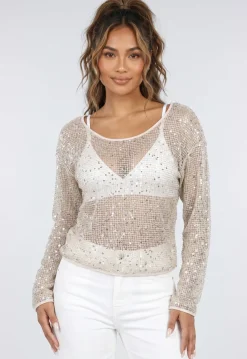 Beige Glitter Top met Lange Mouwen en Ronde Hals