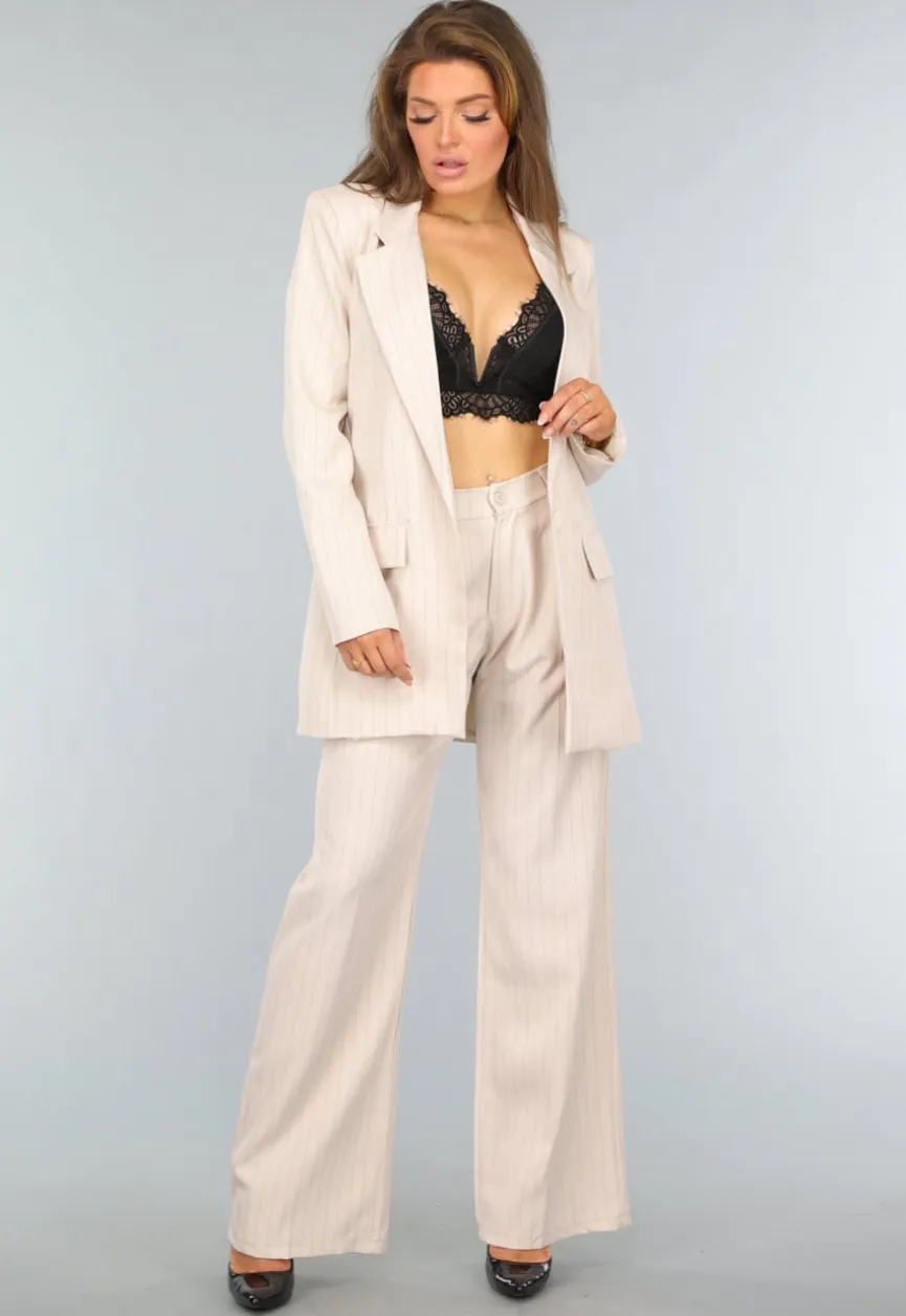 Beige Halflange Blazer met Streepjes Patroon