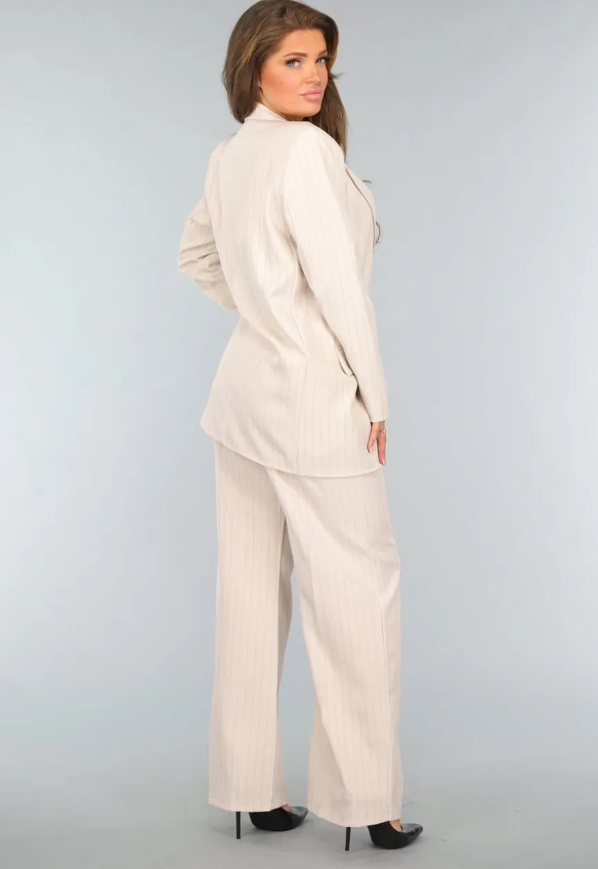 Beige Halflange Blazer met Streepjes Patroon