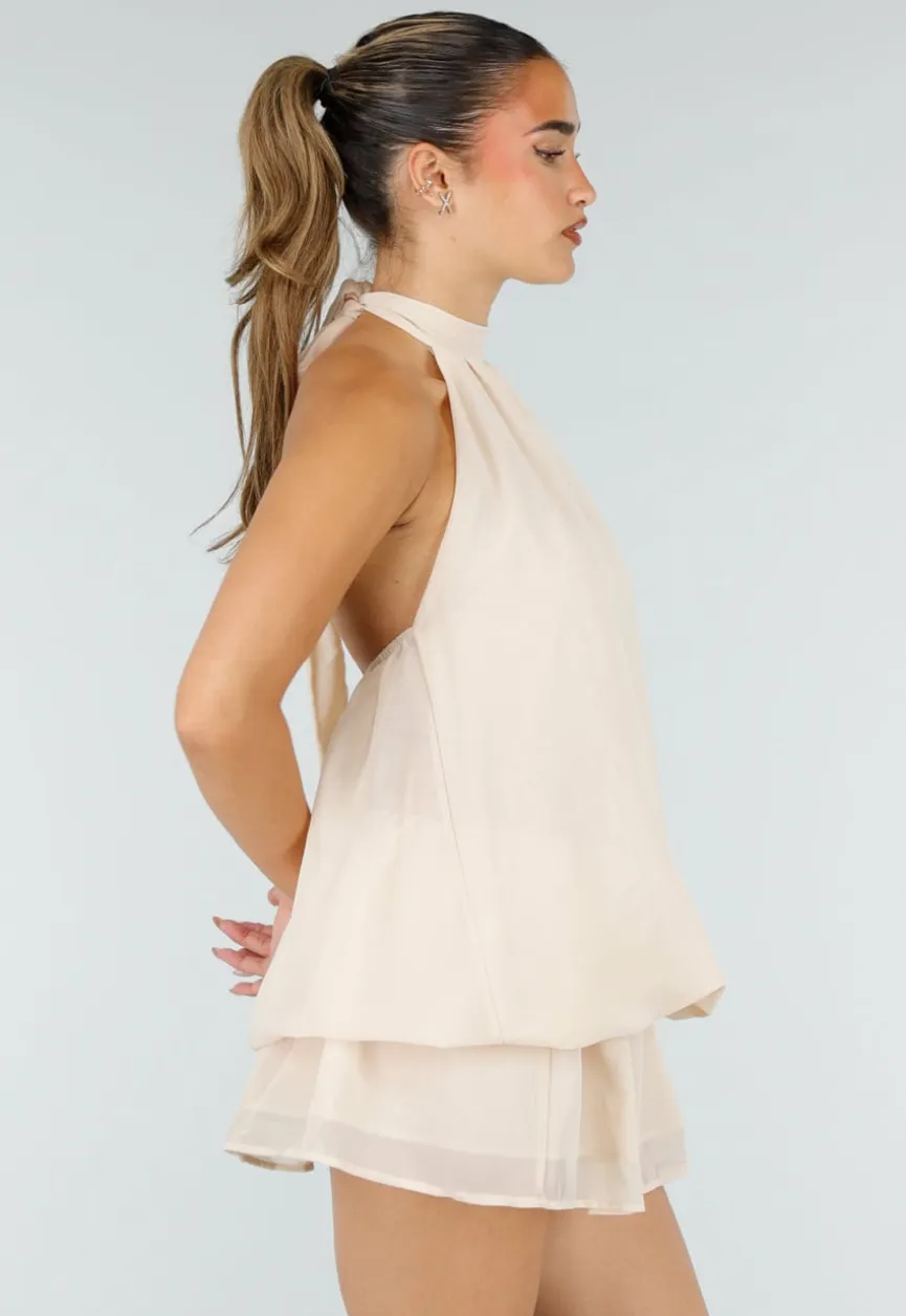 Beige Halter Mini Jurk met Open Rug en Striksluiting