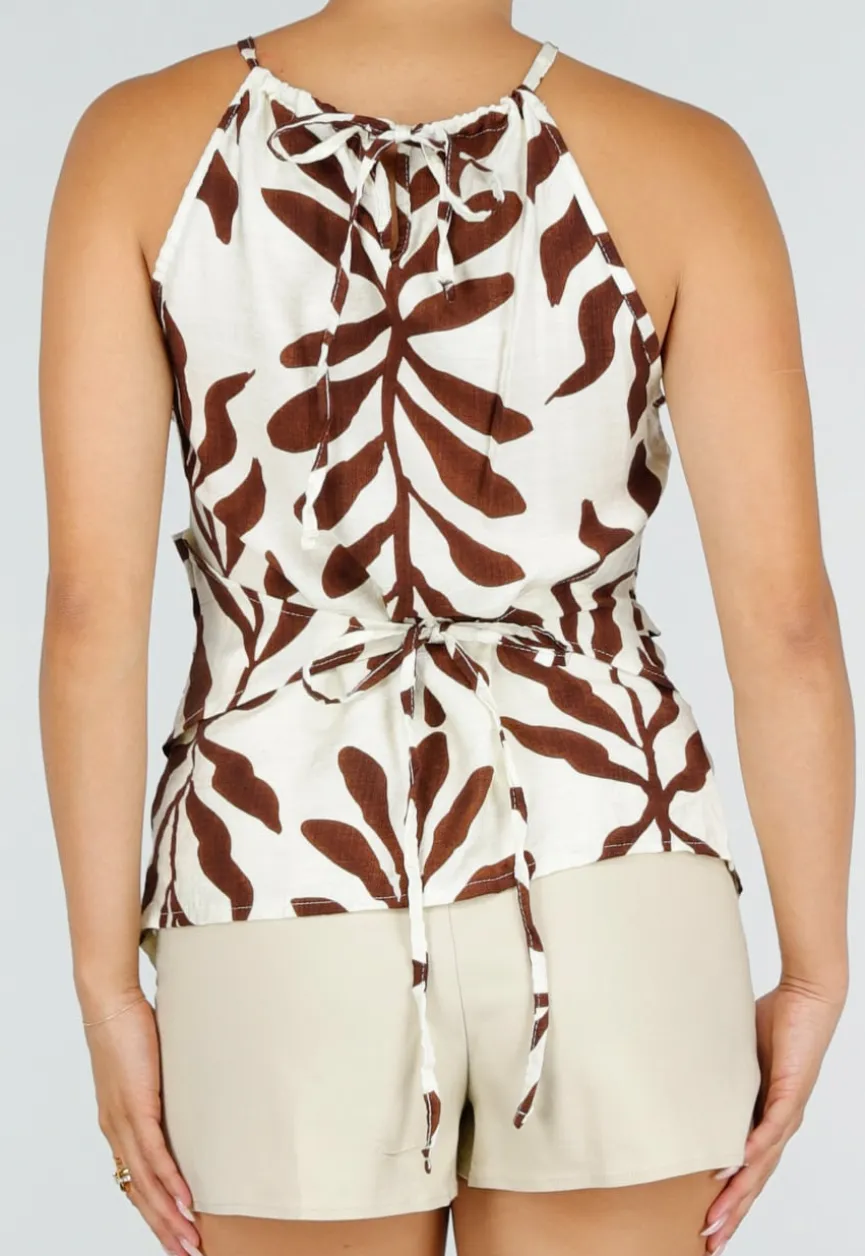 Beige Halter Top met Bladerenprint en Striksluiting op de Rug