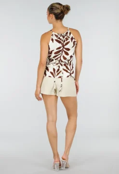 Beige Halter Top met Bladerenprint en Striksluiting op de Rug