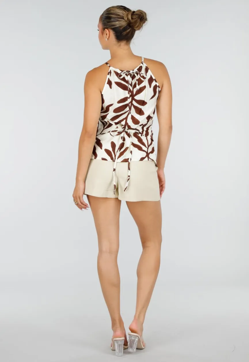 Beige Halter Top met Bladerenprint en Striksluiting op de Rug