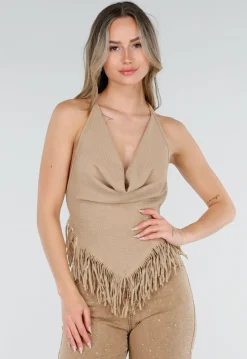 Beige Halter Top met Fringe Zoom en Open Rug