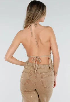 Beige Halter Top met Fringe Zoom en Open Rug