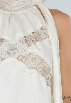 Beige Halter Top met Kant en Sjaalkraag