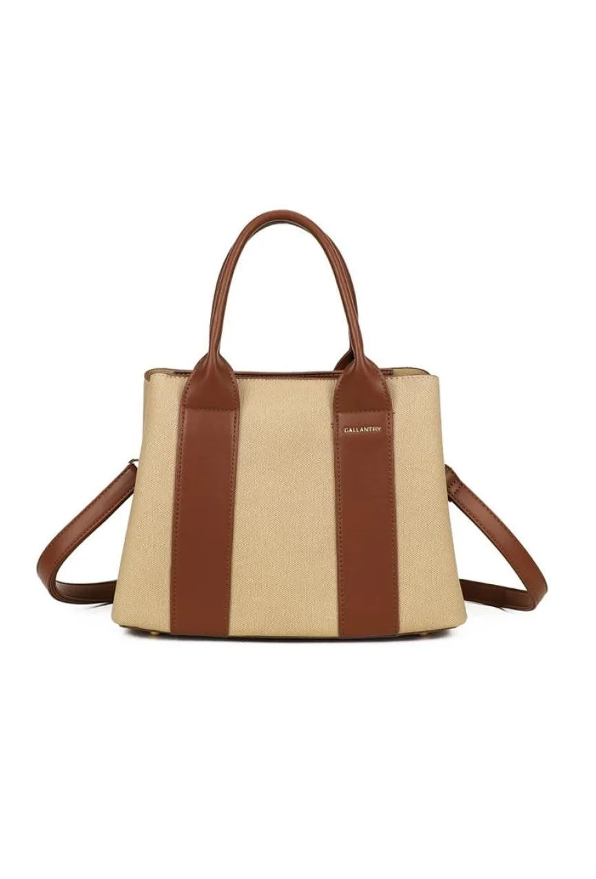 Beige Handtas met Bruine Accenten en Dubbele Handvatten