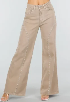 Beige High Waist Wide Leg Jeans met Zilveren Studs