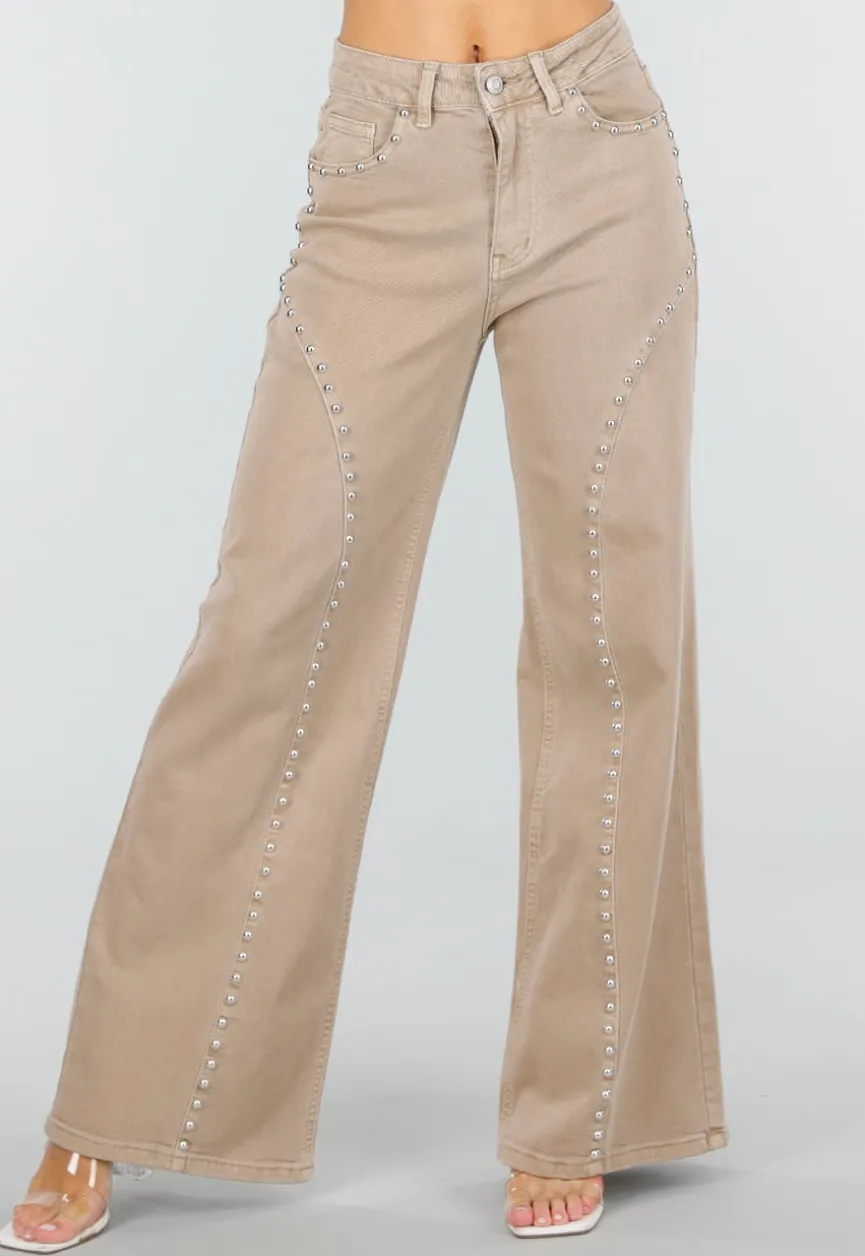 Beige High Waist Wide Leg Jeans met Zilveren Studs