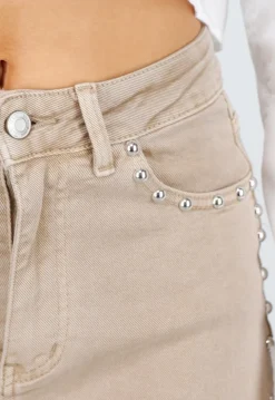 Beige High Waist Wide Leg Jeans met Zilveren Studs