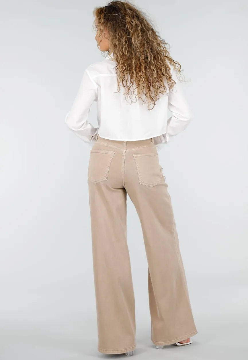 Beige High Waist Wide Leg Jeans met Zilveren Studs