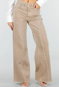 Beige High Waist Wide Leg Jeans met Zilveren Studs