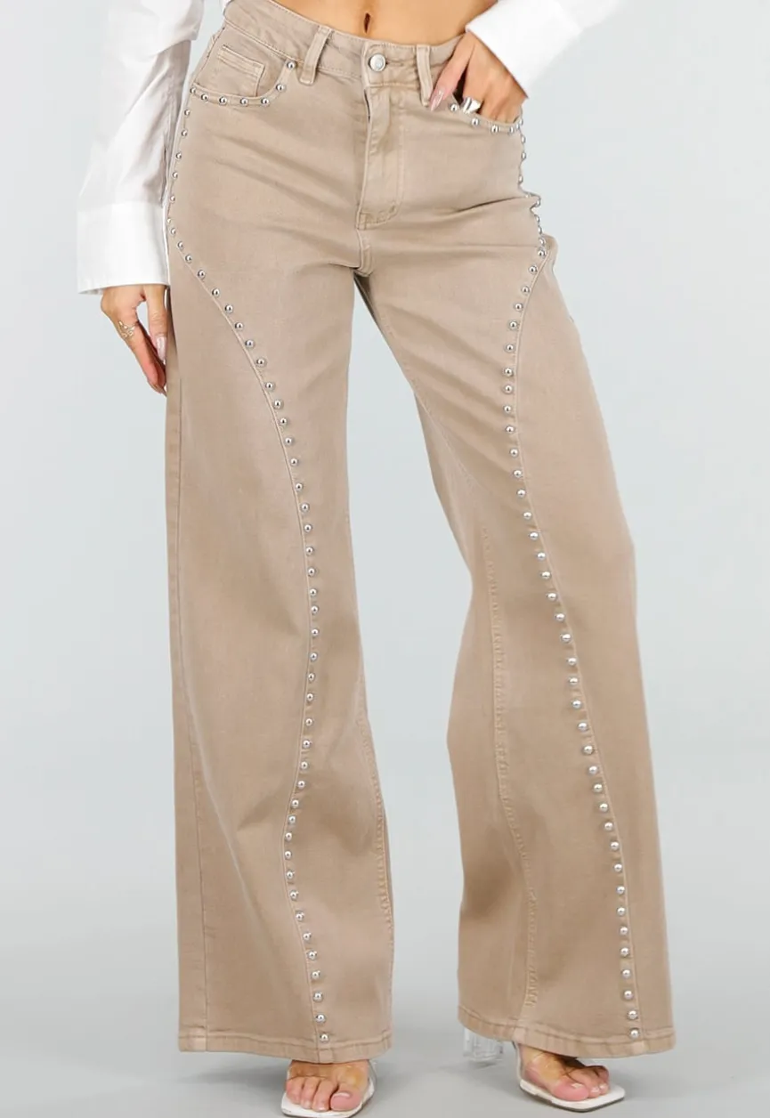 Beige High Waist Wide Leg Jeans met Zilveren Studs