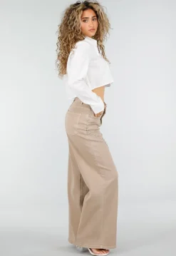 Beige High Waist Wide Leg Jeans met Zilveren Studs