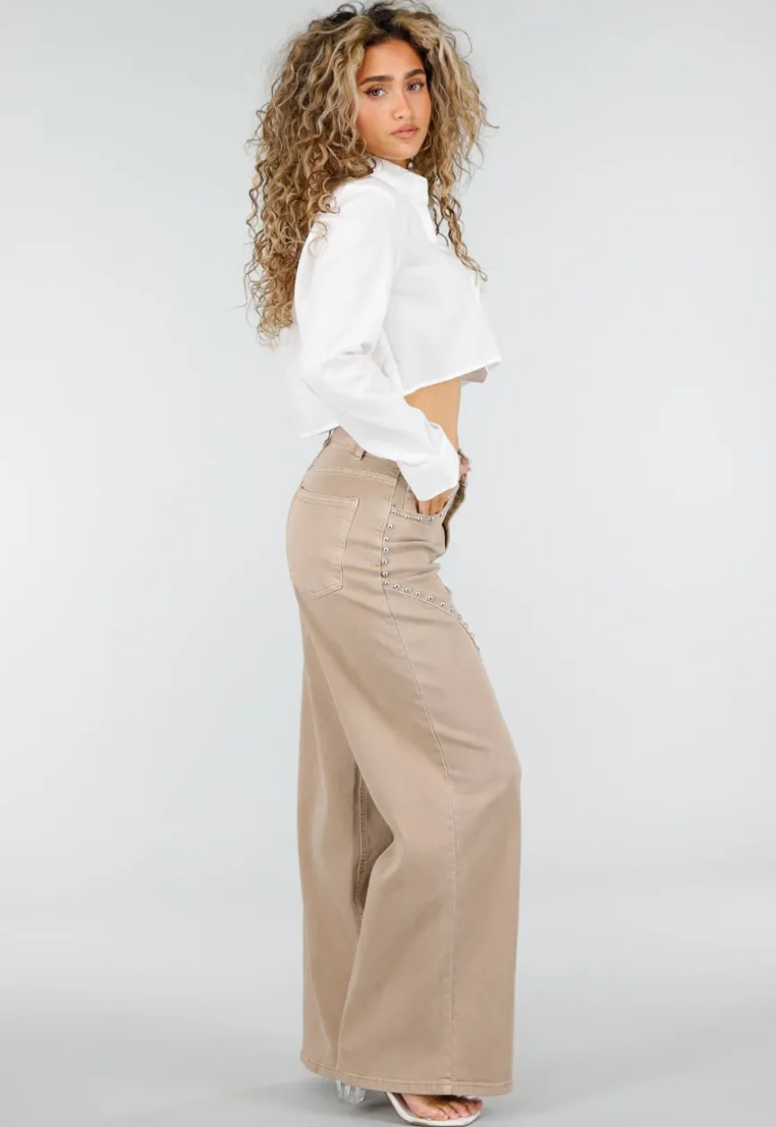 Beige High Waist Wide Leg Jeans met Zilveren Studs