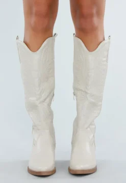 Beige Hoge Cowboylaarzen met Sierstiksels en Rits