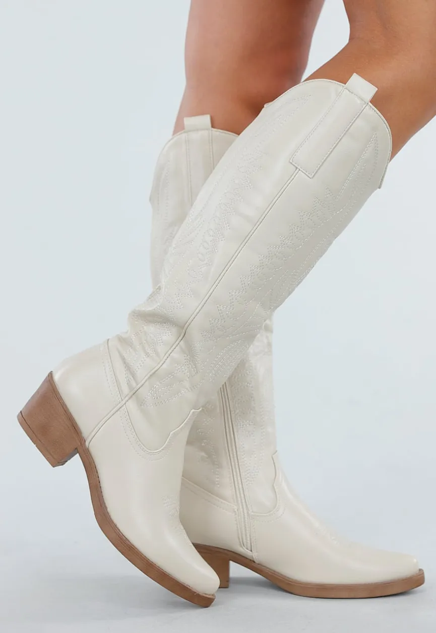 Beige Hoge Cowboylaarzen met Sierstiksels en Rits