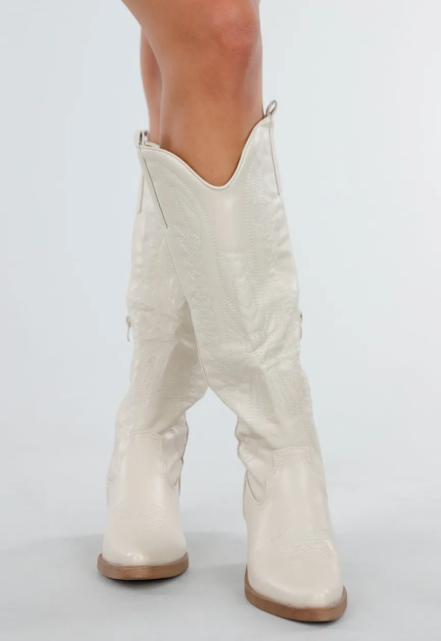 Beige Hoge Cowboylaarzen met Sierstiksels en Rits