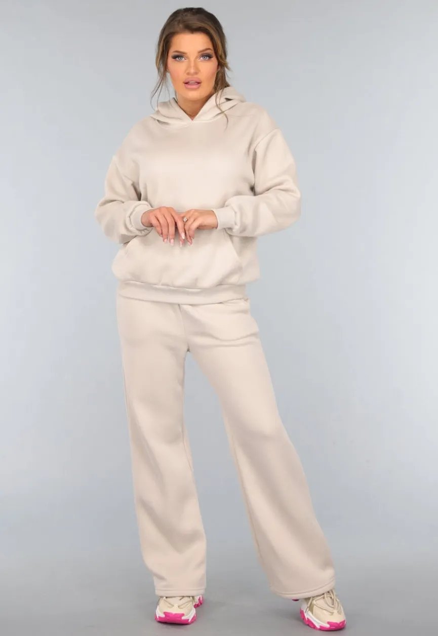 Beige Hoodie Set met Wijduitlopende Broek