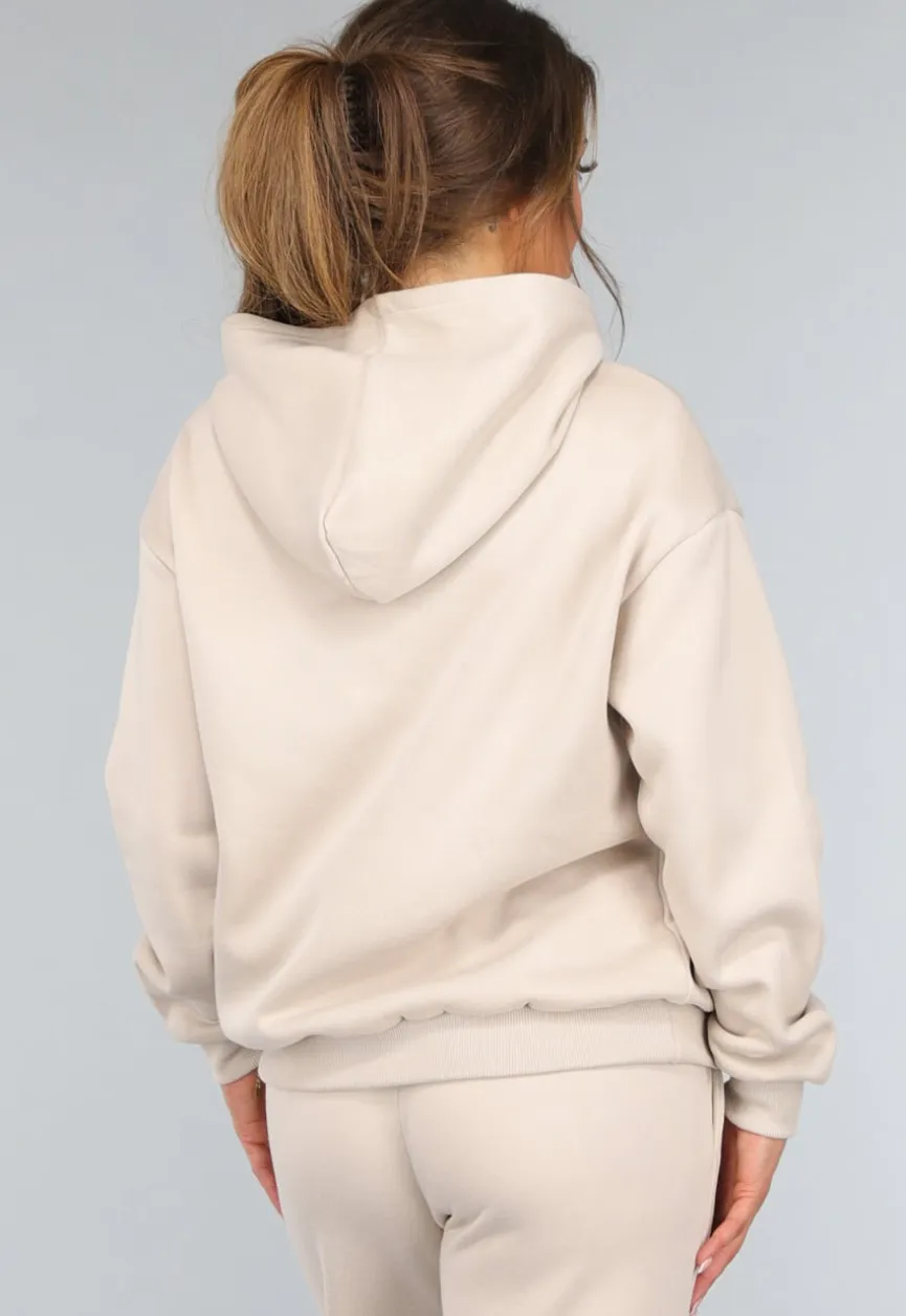 Beige Hoodie Set met Wijduitlopende Broek