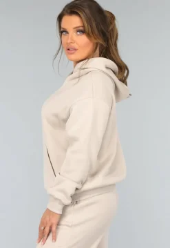Beige Hoodie Set met Wijduitlopende Broek