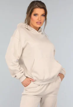Beige Hoodie Set met Wijduitlopende Broek