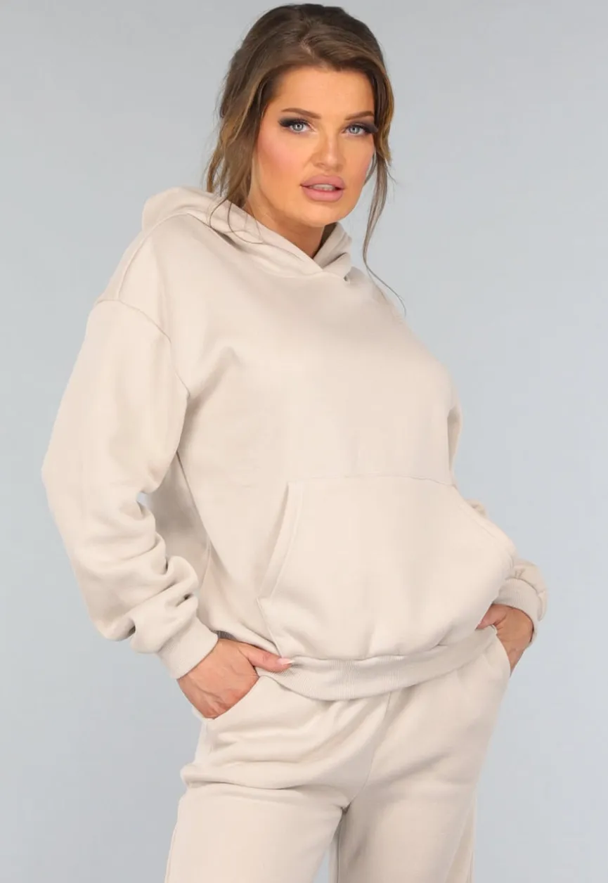 Beige Hoodie Set met Wijduitlopende Broek