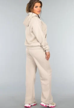 Beige Hoodie Set met Wijduitlopende Broek
