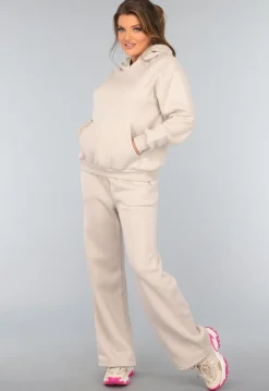 Beige Hoodie Set met Wijduitlopende Broek