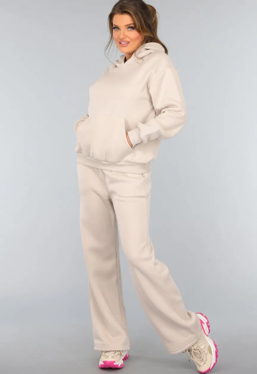 Beige Hoodie Set met Wijduitlopende Broek