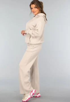 Beige Hoodie Set met Wijduitlopende Broek