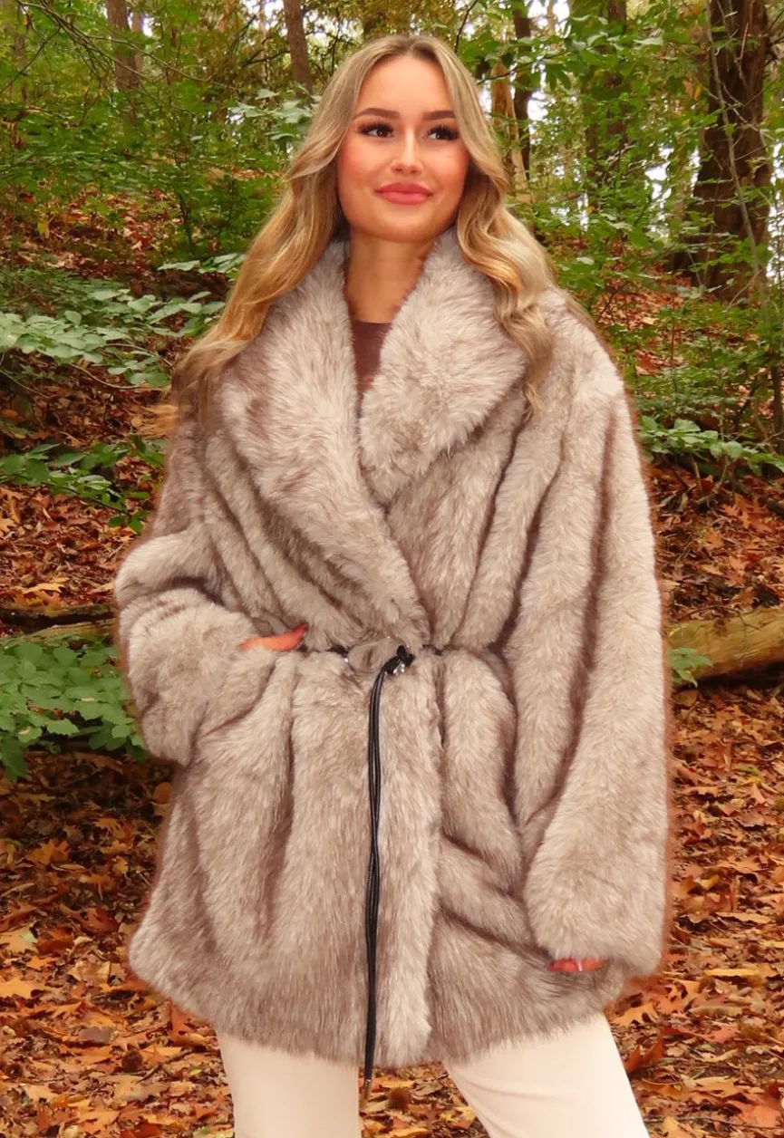 Beige Imitatiebont Jas met Ceintuur