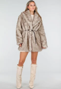 Beige Imitatiebont Jas met Ceintuur