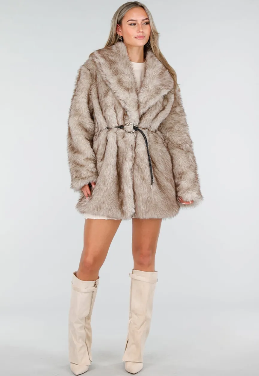 Beige Imitatiebont Jas met Ceintuur