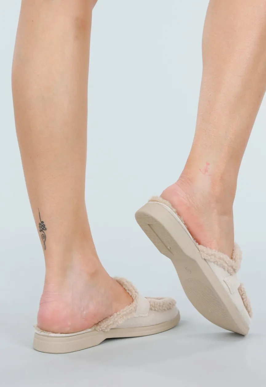 Beige Instap Slippers met Bontvoering