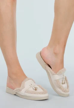 Beige Instap Slippers met Bontvoering