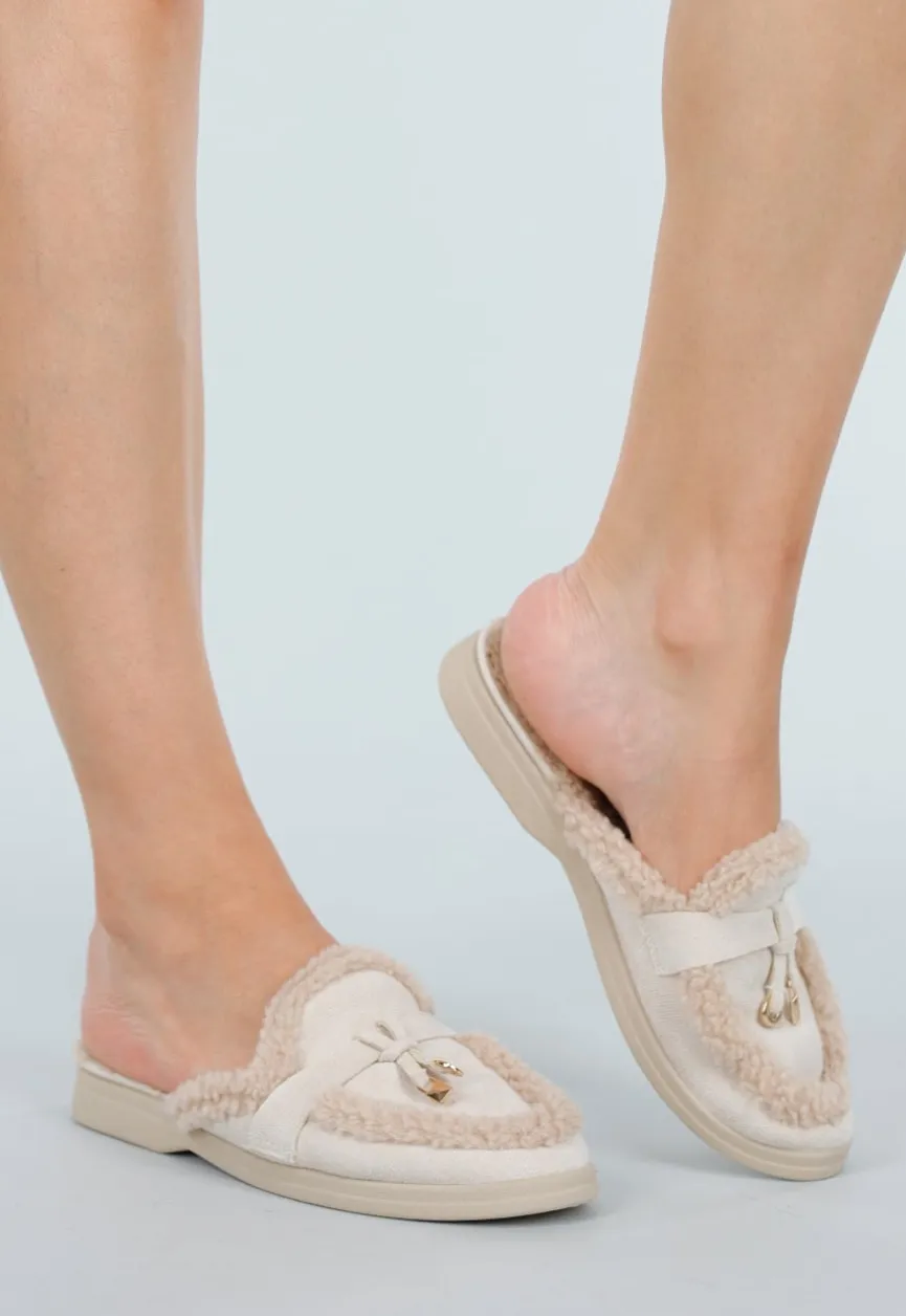 Beige Instap Slippers met Bontvoering