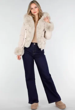 Beige Jas met Faux Fur Kraag en Manchetten