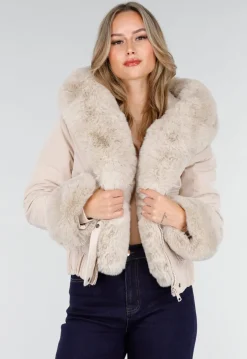 Beige Jas met Faux Fur Kraag en Manchetten
