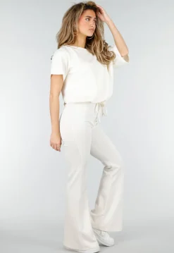 Beige Joggingbroek met Flared Pijpen en Elastische Taille